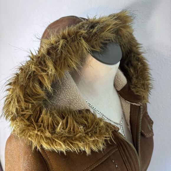 Y2K Faux Fur Trim Jacket Coat Brown Faux Suede 00s - Picture 6 of 8